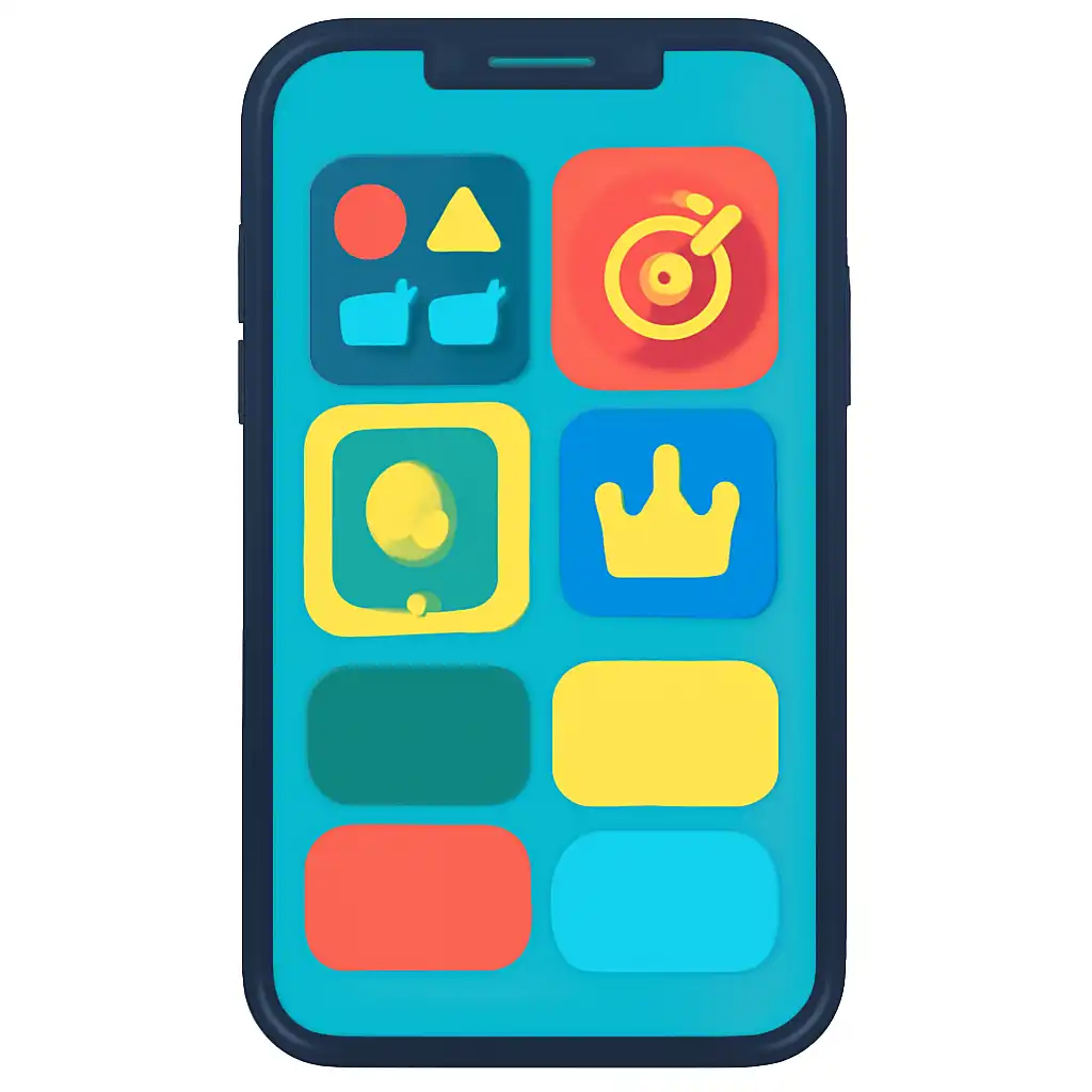 Smartphone shown from the front displaying a colourful flat layout of abstract game icons and rounded tiles (no text, no letters, no labels), Goa Games