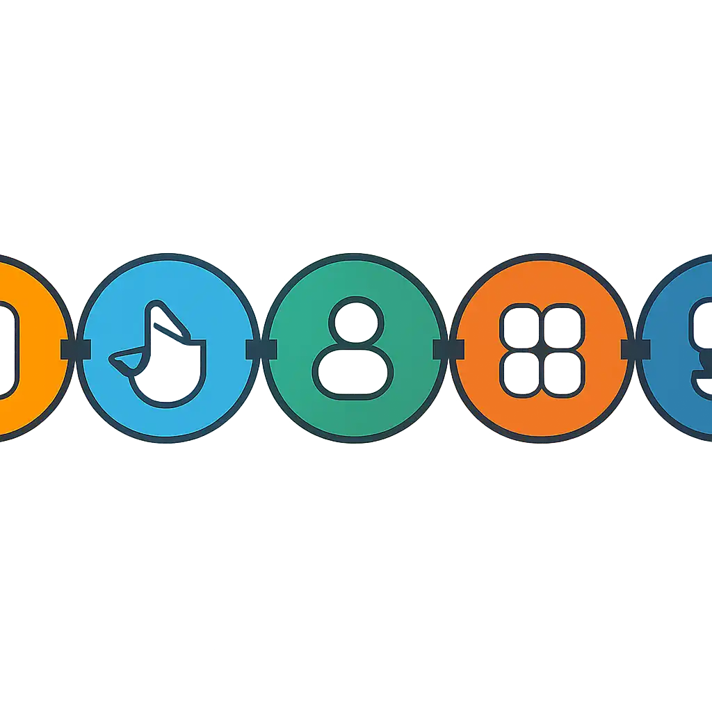 Five numbered circular icons connected by arrows in a horizontal flow, flat illustration, icons only, no words, Goa Games steps