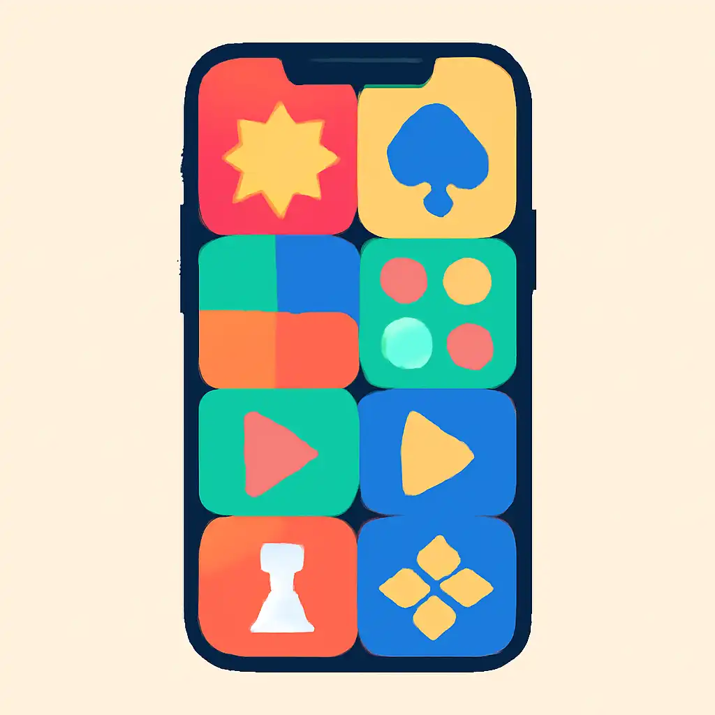 Smartphone shown from the front displaying a colourful flat layout of abstract game icons and rounded tiles (no text, no letters, no labels), Party