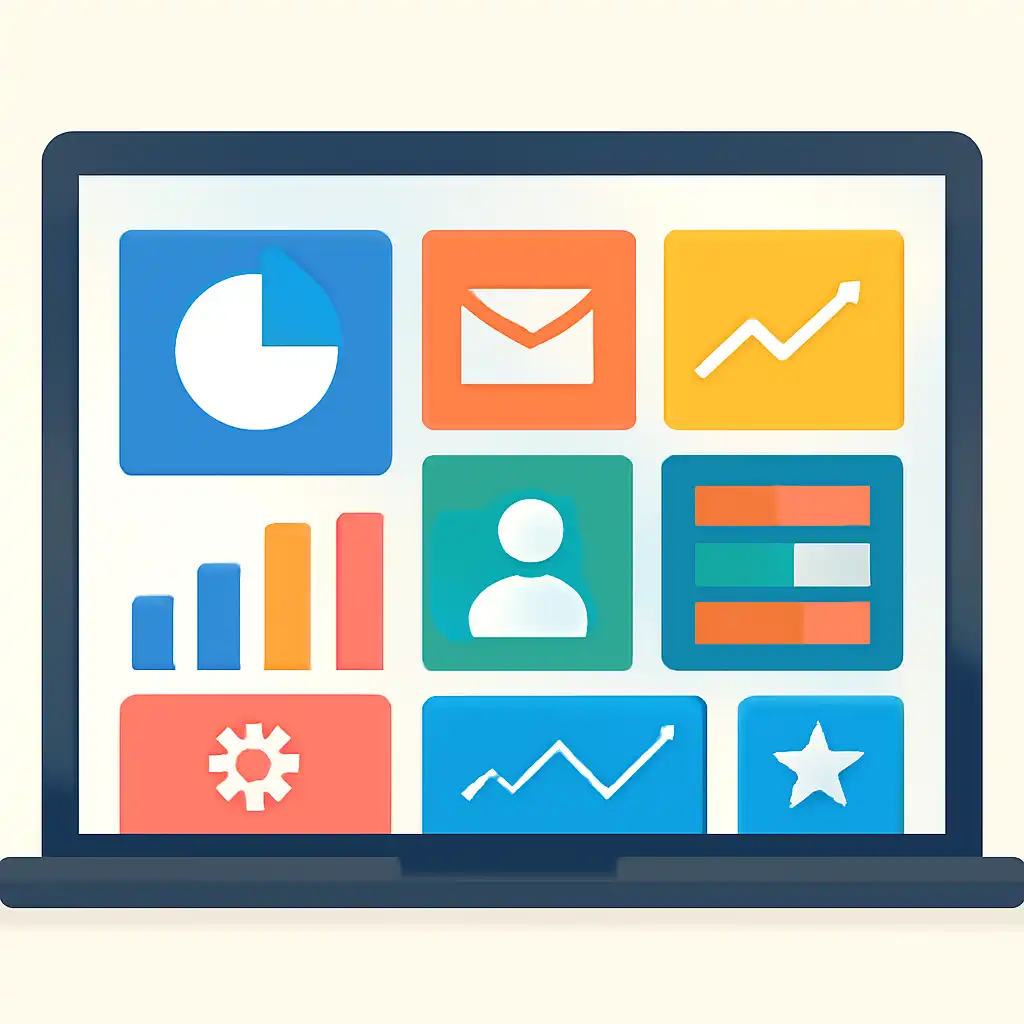 Laptop shown from the front displaying a colourful flat dashboard of abstract charts, bars and icon tiles (no text, no letters, no labels), Party