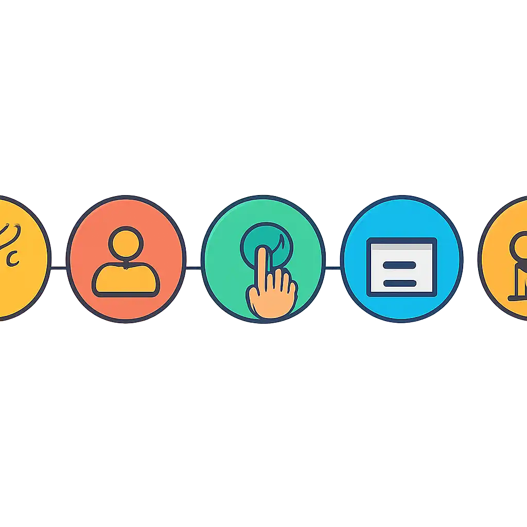 Five numbered circular icons connected by arrows in a horizontal flow, flat illustration, icons only, no words, Party steps