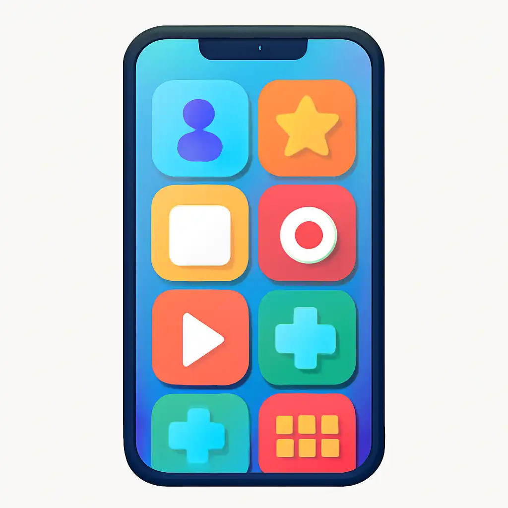 Smartphone shown from the front displaying a colourful flat layout of abstract game icons and rounded tiles (no text, no letters, no labels), Ideas
