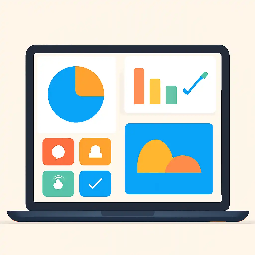 Laptop shown from the front displaying a colourful flat dashboard of abstract charts, bars and icon tiles (no text, no letters, no labels), Ideas