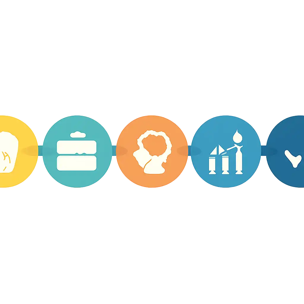 Five numbered circular icons connected by arrows in a horizontal flow, flat illustration, icons only, no words, Ideas steps