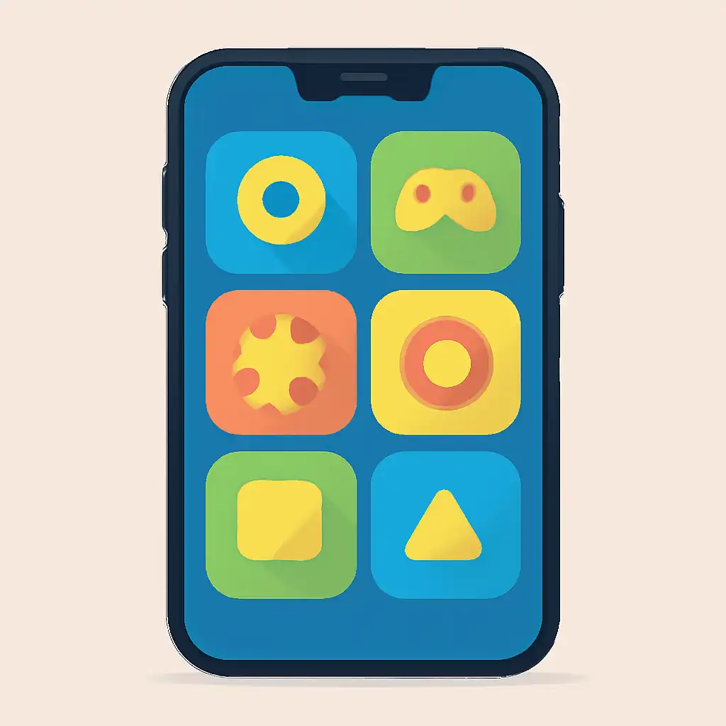 Smartphone shown from the front displaying a colourful flat layout of abstract game icons and rounded tiles (no text, no letters, no labels), Water