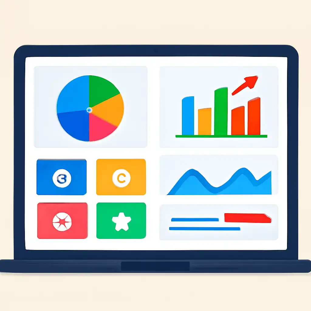 Laptop shown from the front displaying a colourful flat dashboard of abstract charts, bars and icon tiles (no text, no letters, no labels), Water