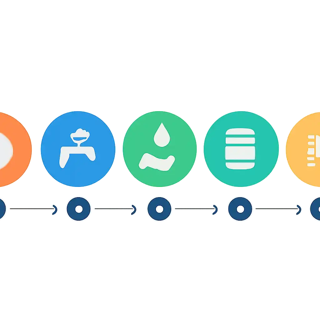 Five numbered circular icons connected by arrows in a horizontal flow, flat illustration, icons only, no words, Water steps