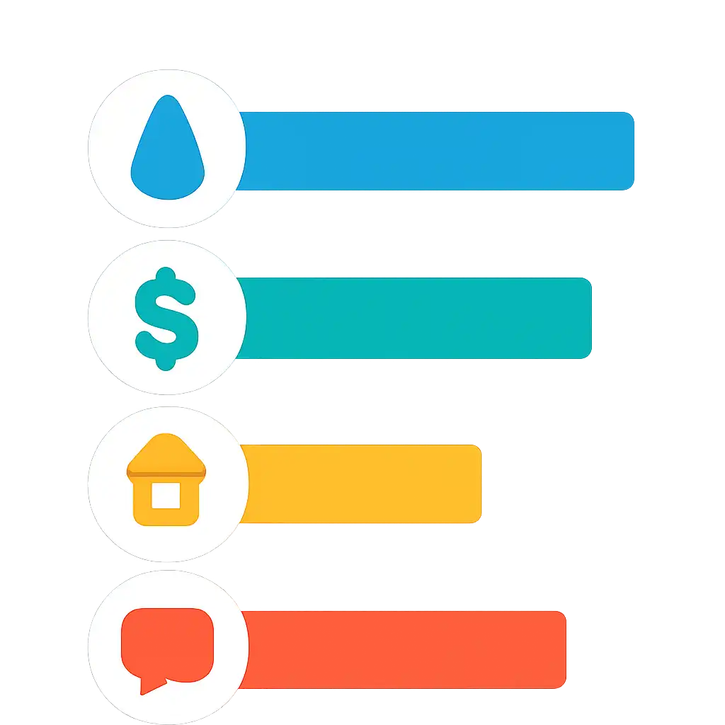Infographic comparing options using coloured bars and icons only, no text or labels, flat design, Water
