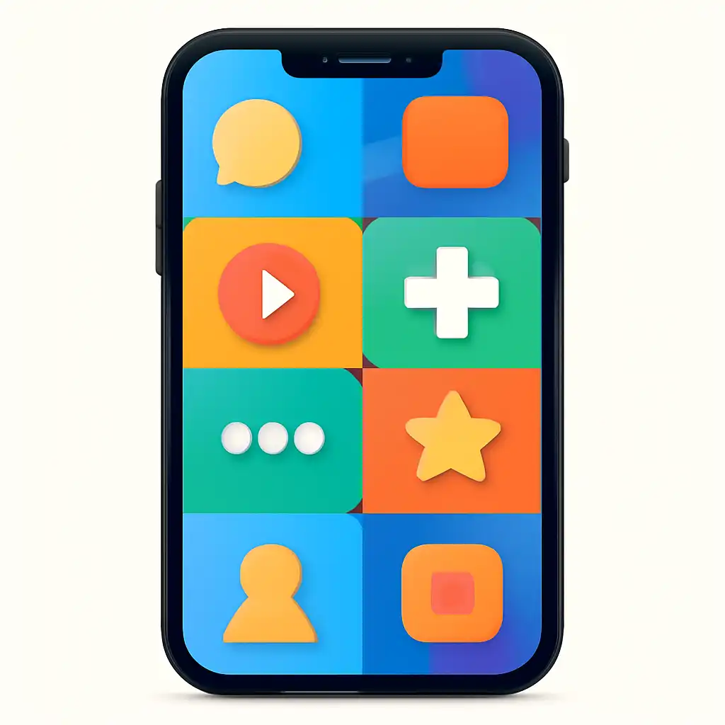 Smartphone shown from the front displaying a colourful flat layout of abstract game icons and rounded tiles (no text, no letters, no labels), Kids