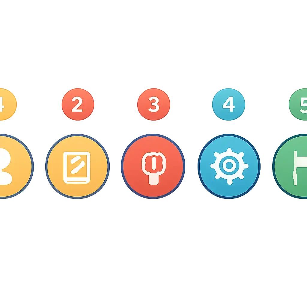 Five numbered circular icons connected by arrows in a horizontal flow, flat illustration, icons only, no words, Kids steps
