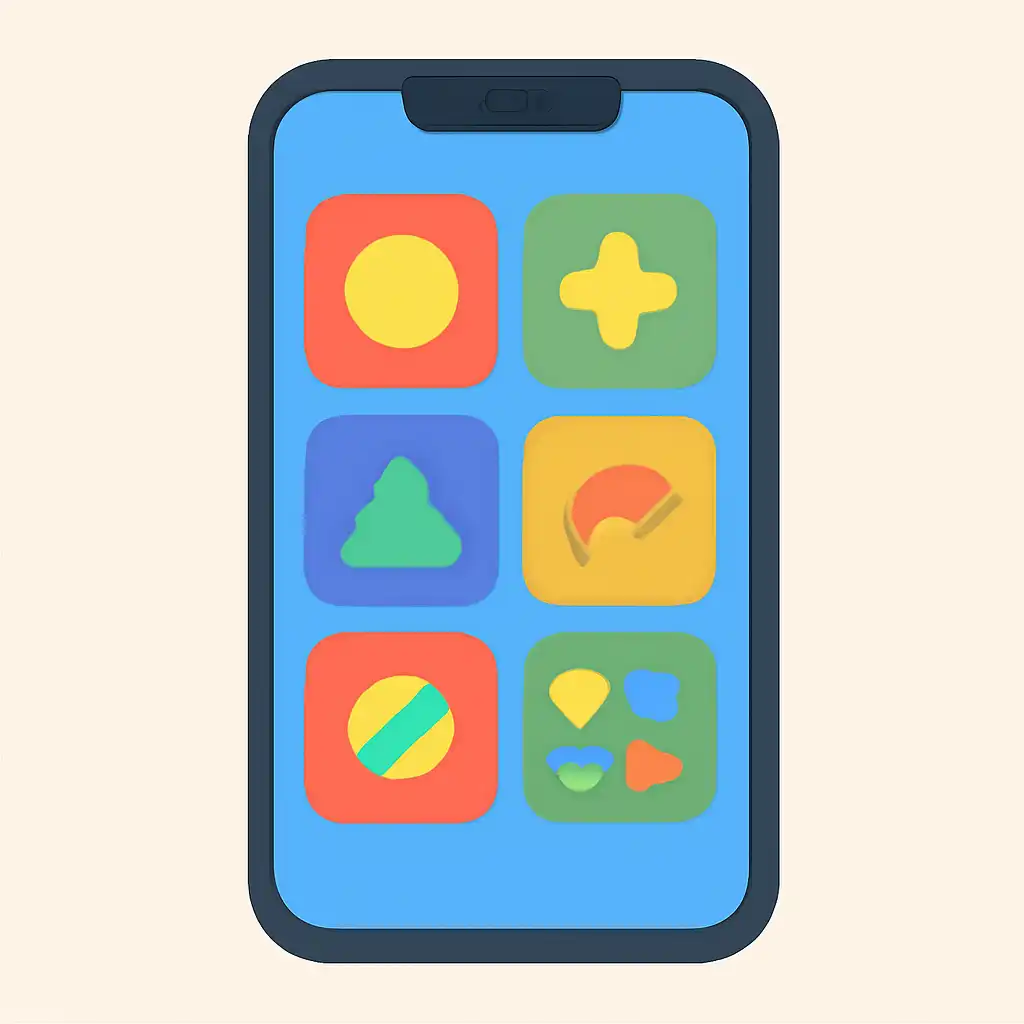 Smartphone shown from the front displaying a colourful flat layout of abstract game icons and rounded tiles (no text, no letters, no labels), Goa game