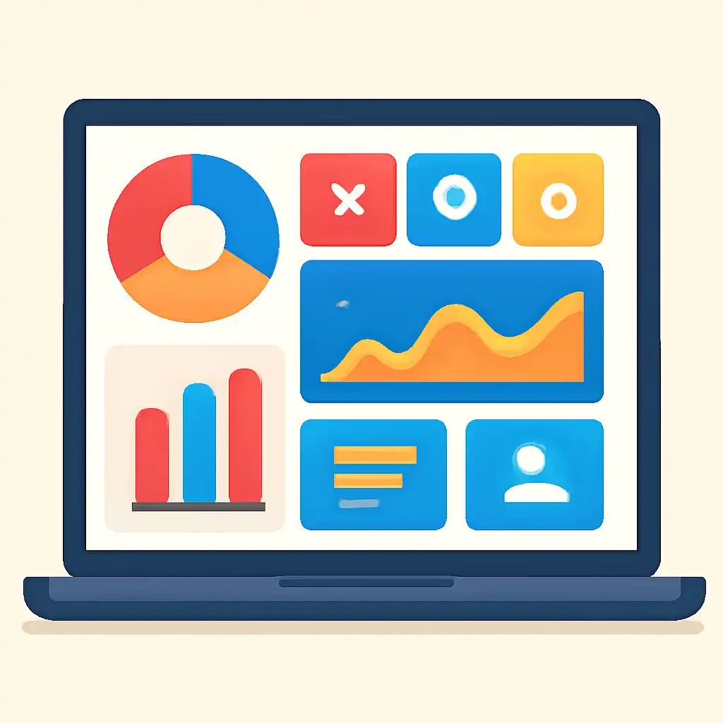 Laptop shown from the front displaying a colourful flat dashboard of abstract charts, bars and icon tiles (no text, no letters, no labels), Goa game