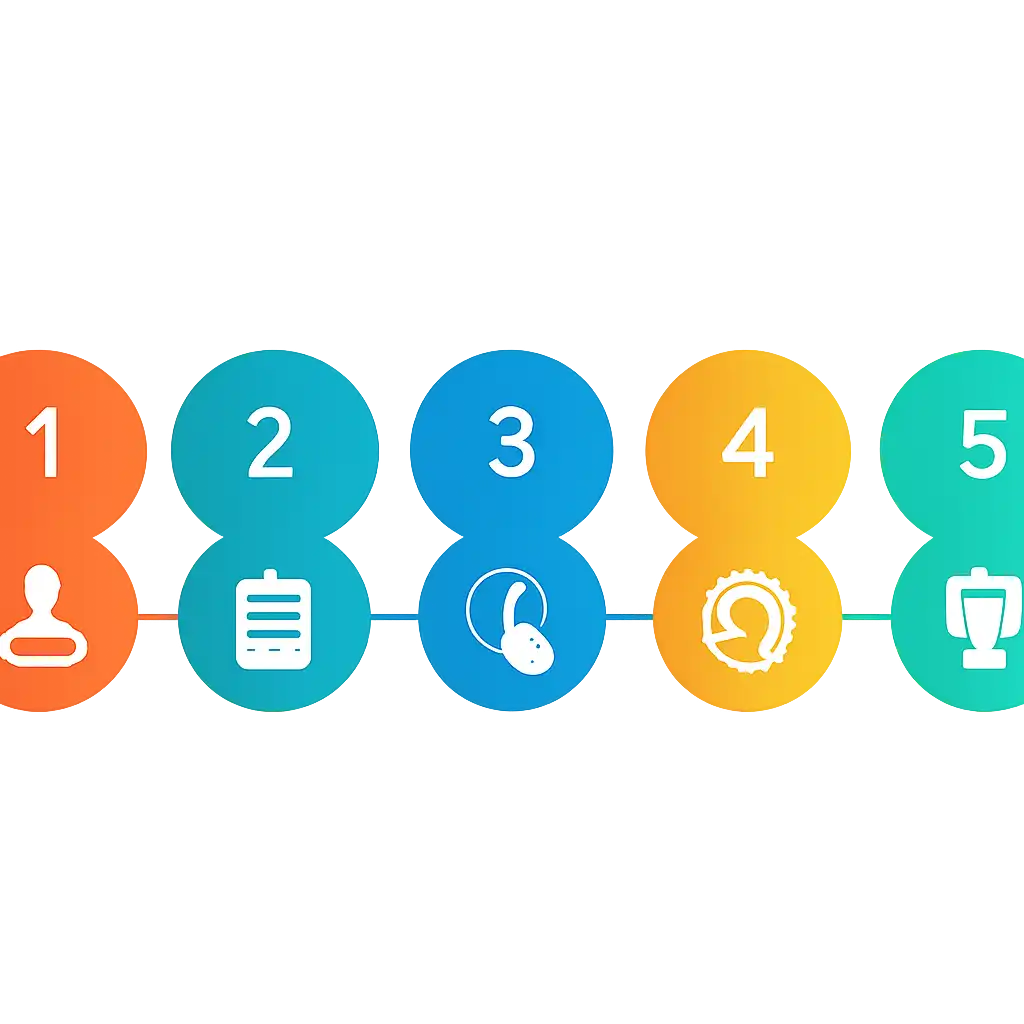 Five numbered circular icons connected by arrows in a horizontal flow, flat illustration, icons only, no words, Goa game steps